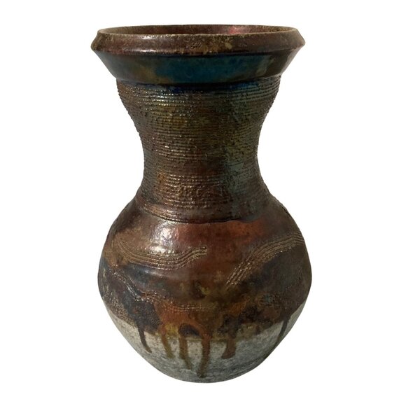 Raku Pottery Vase With Elemental Vibes Signed - Picture 4 of 8